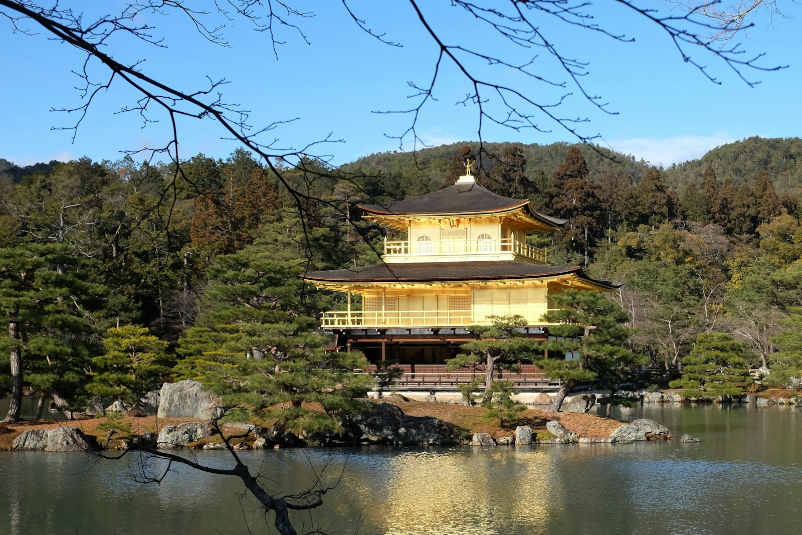 gold temple by lake