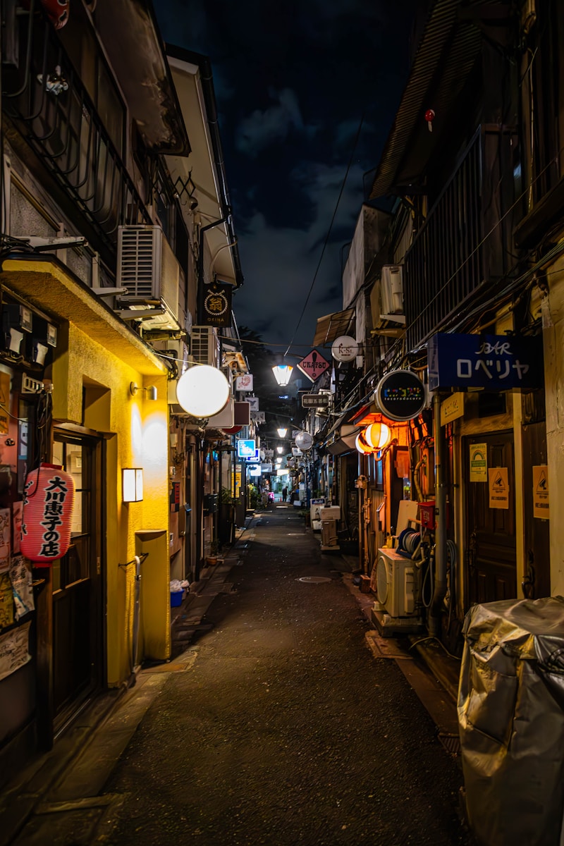 A narrow alleyway lit up at night.