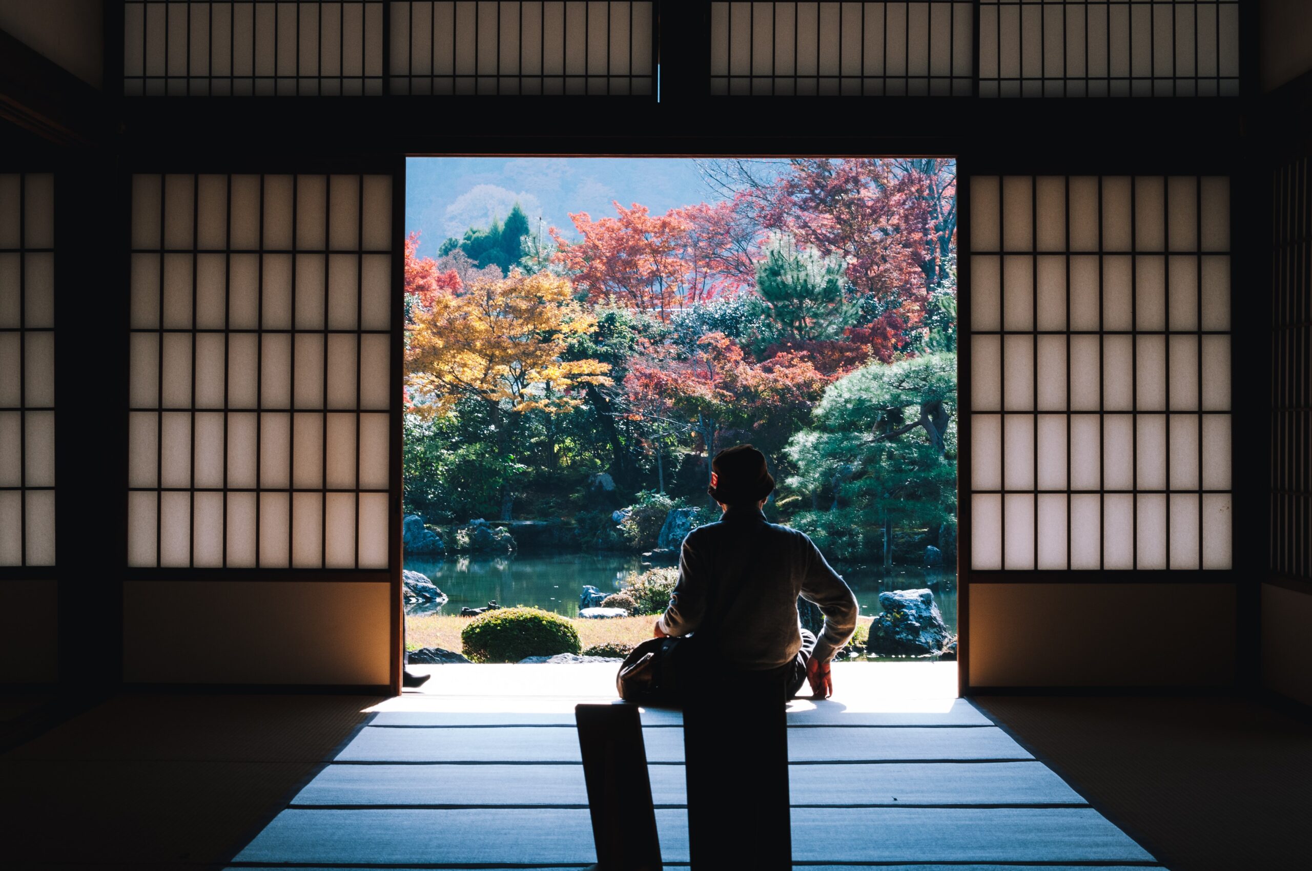 Traveler gazing from a tatami room at a Japanese garden in autumn colors