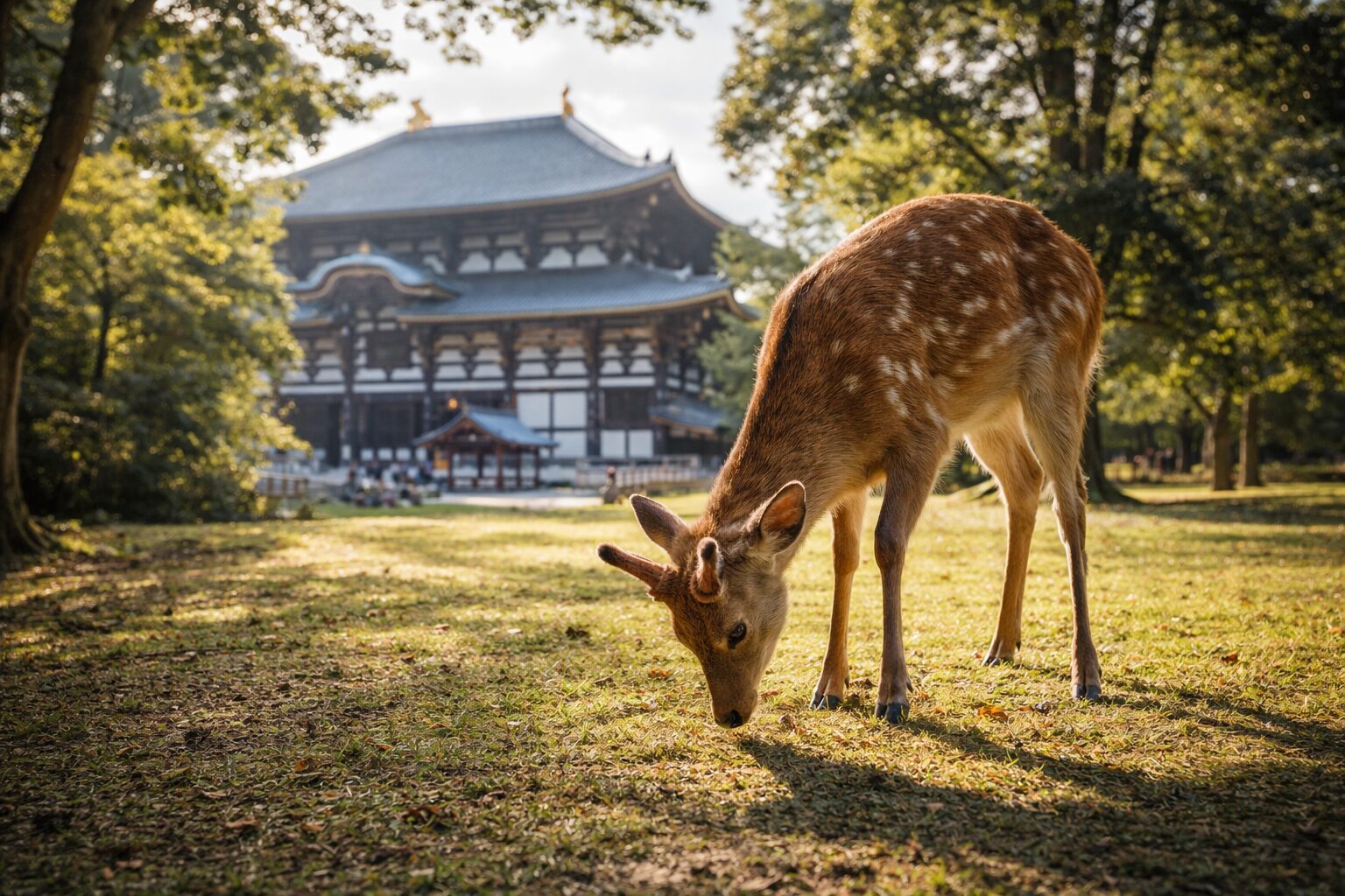 Wild sika deer grazing on grass with Todai-ji Temple and its iconic Great Buddha Hall rising in the background at Nara Park, Japan