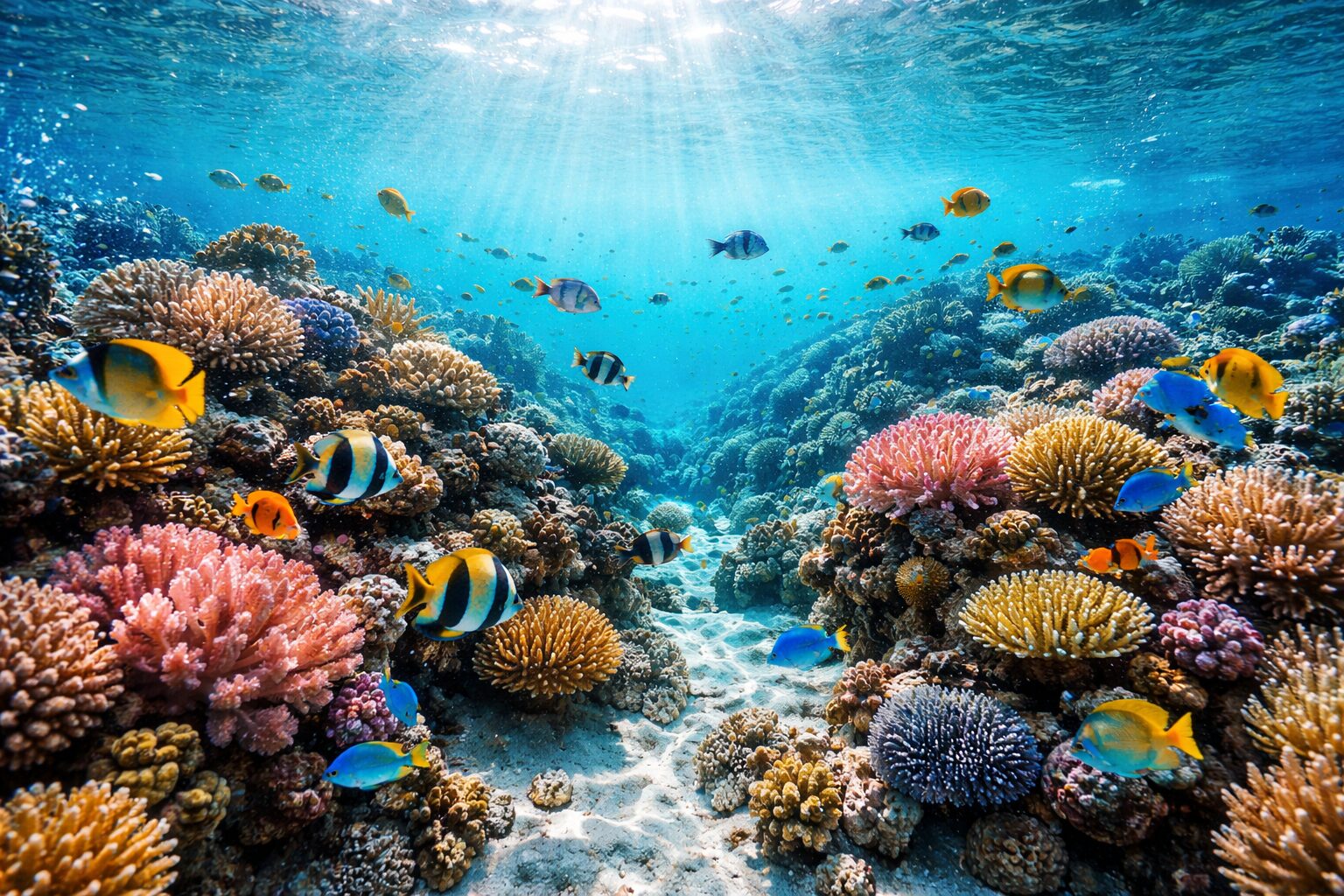 Vibrant underwater coral reef teeming with tropical fish and sunlight rays in Okinawa's clear blue ocean