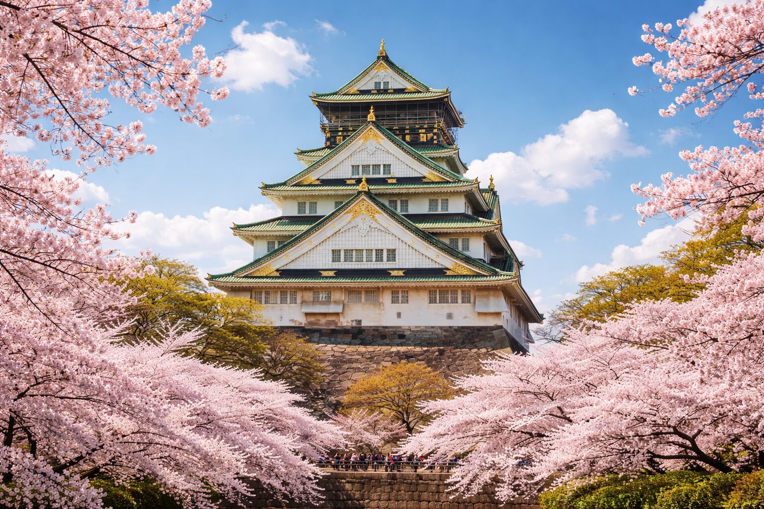 Osaka Castle surrounded by blooming pink cherry blossom trees under blue sky in spring