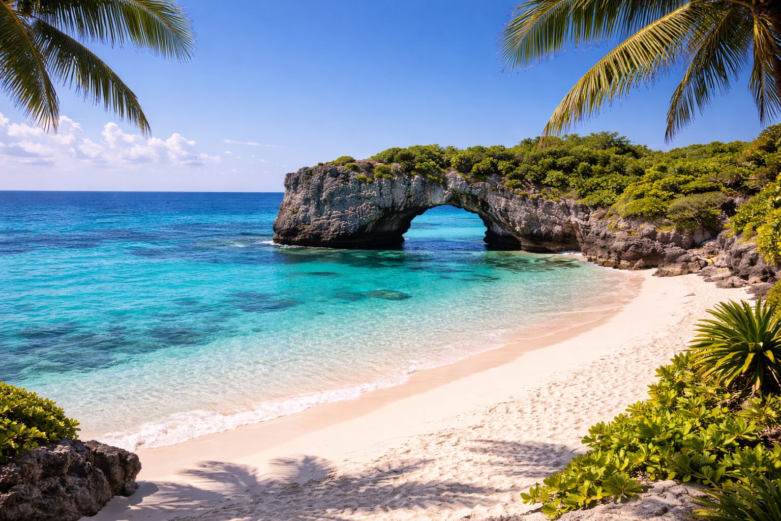 Tropical white sand beach with natural rock arch and crystal-clear turquoise water, palm trees in Okinawa