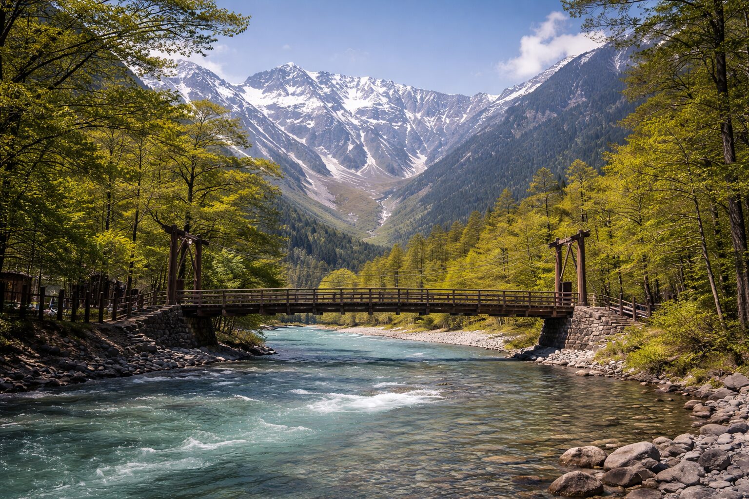 Wooden bridge spanning a rushing mountain stream at Kamikochi alpine valley with spring foliage and snowy peaks