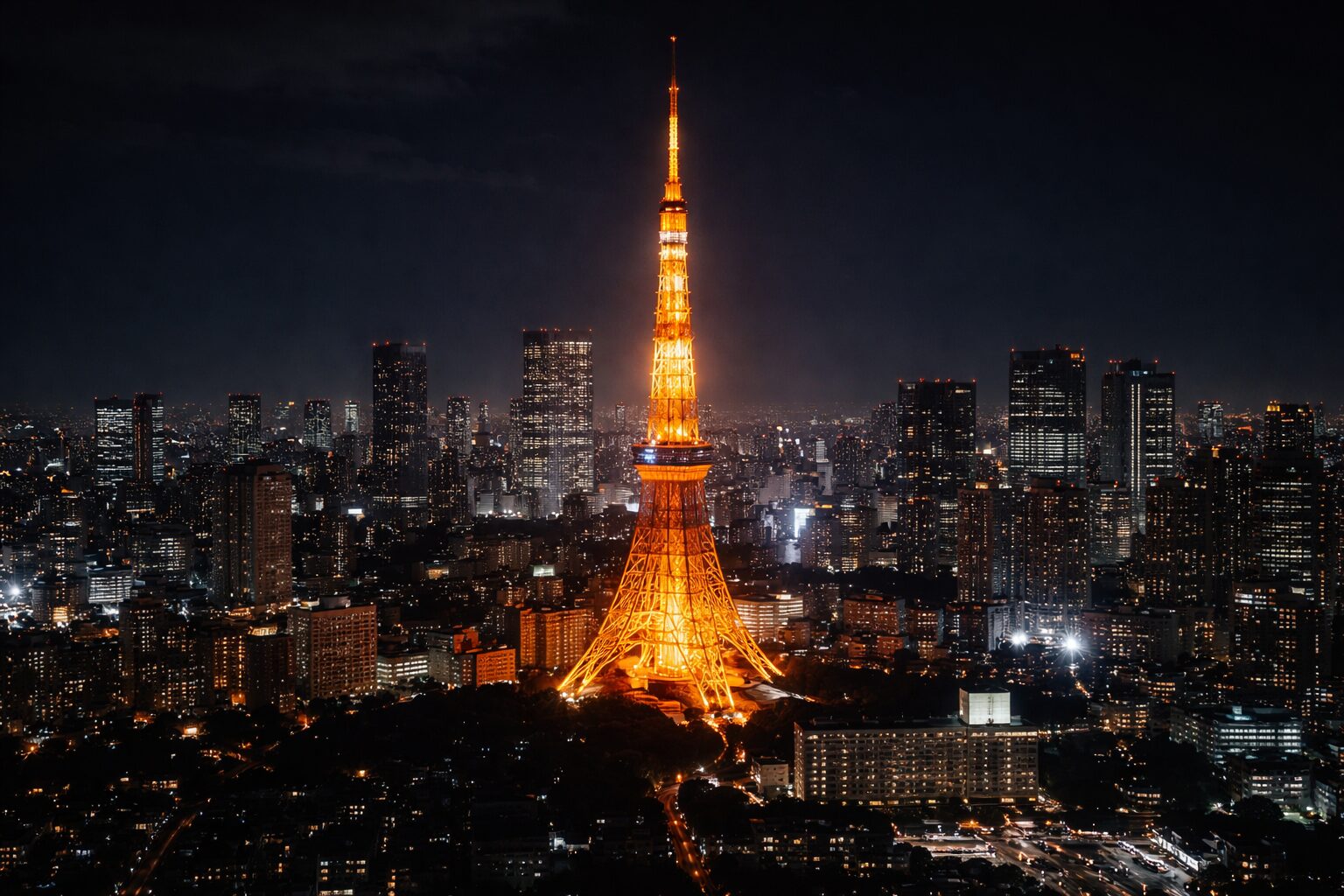 Tokyo Tower illuminated in orange light dominating the city skyline at night