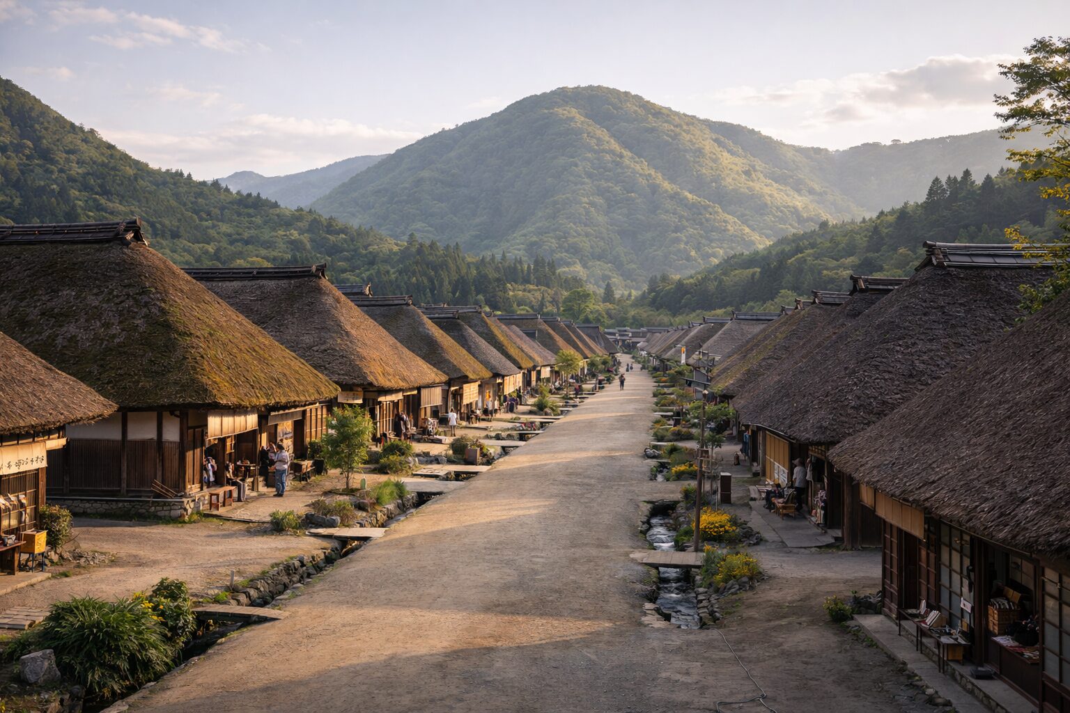 Peaceful late-afternoon view of Ouchi-juku post town with thatched buildings lining a long straight road toward misty hills