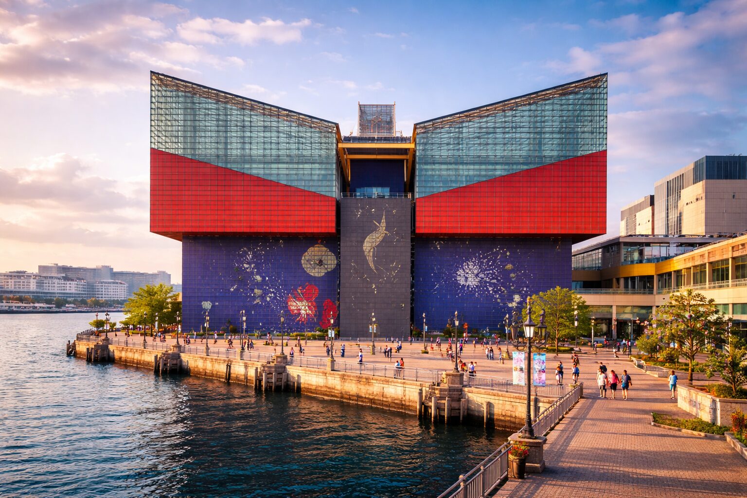 Osaka Aquarium Kaiyukan bold colorful geometric facade on waterfront with Tempozan Ferris Wheel at dusk