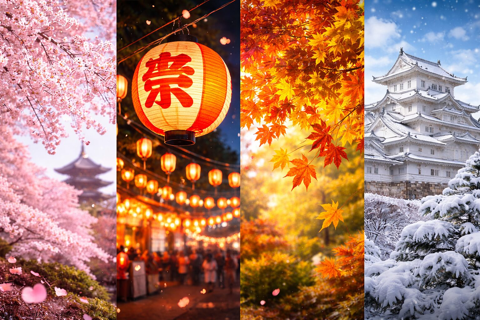 Four-panel collage of Japan seasons: cherry blossoms, summer festival lanterns, autumn leaves, winter castle