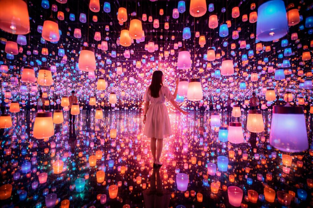 Woman standing in immersive digital art installation surrounded by glowing colorful lanterns
