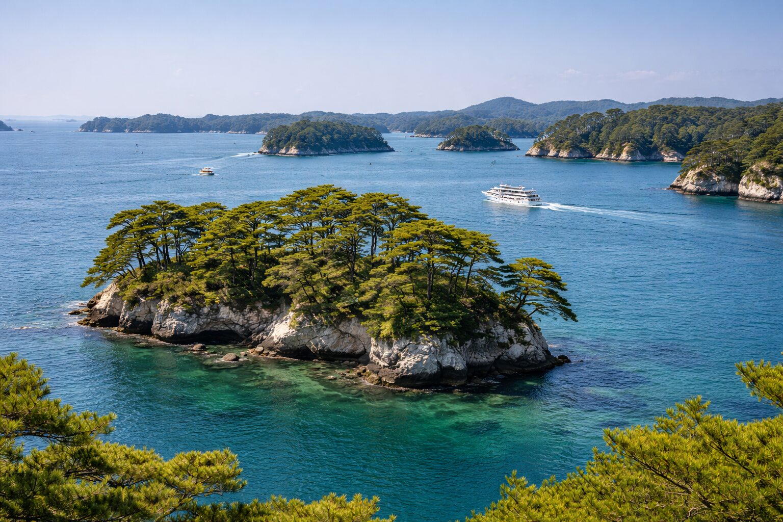 Rocky pine-topped island in turquoise waters of Matsushima Bay with cruise ships passing in clear blue skies
