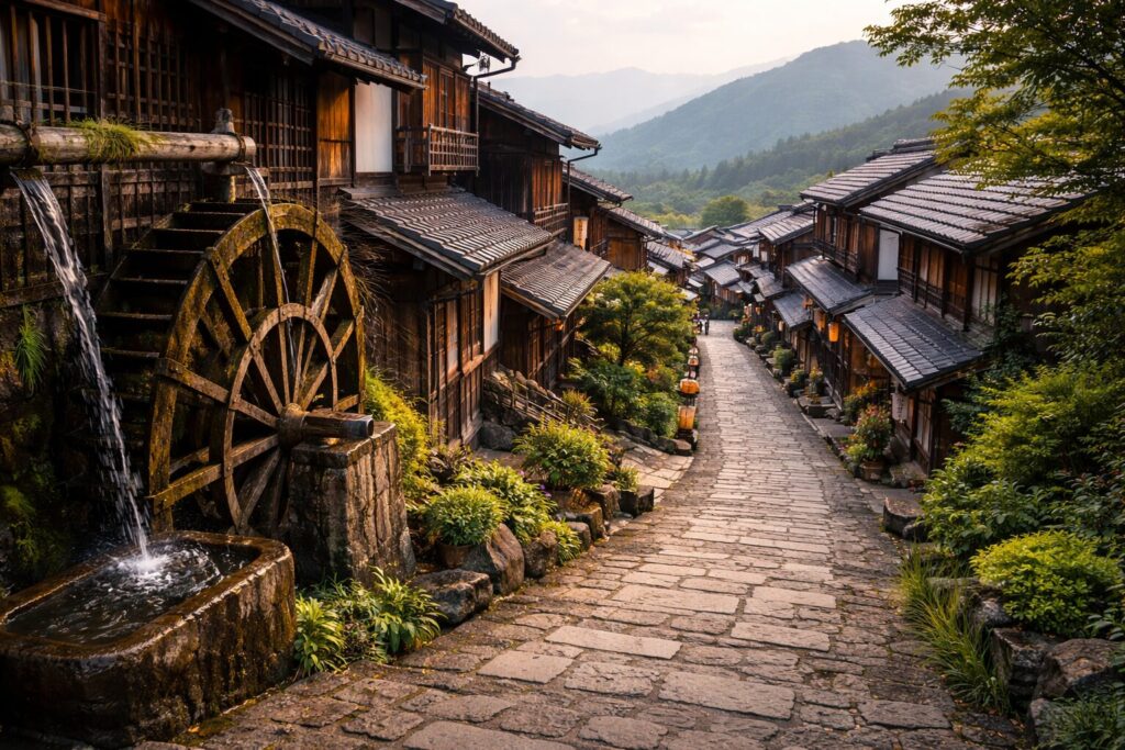 Stone-paved laneway with waterwheel and traditional wooden merchant houses at Magome-juku post town on Nakasendo trail
