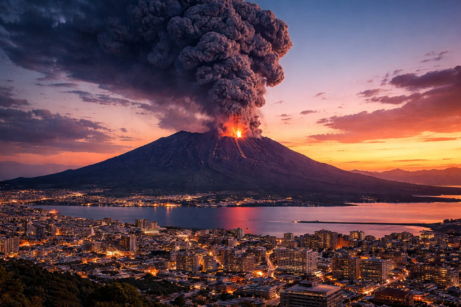 Sakurajima volcano erupting dramatically with ash clouds over Kagoshima city and Kinko Bay at sunset Kyushu Japan