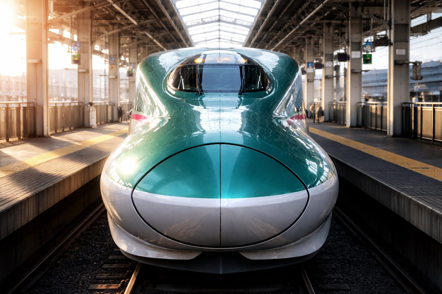 Green Shinkansen bullet train at station platform with sunlight streaming through roof