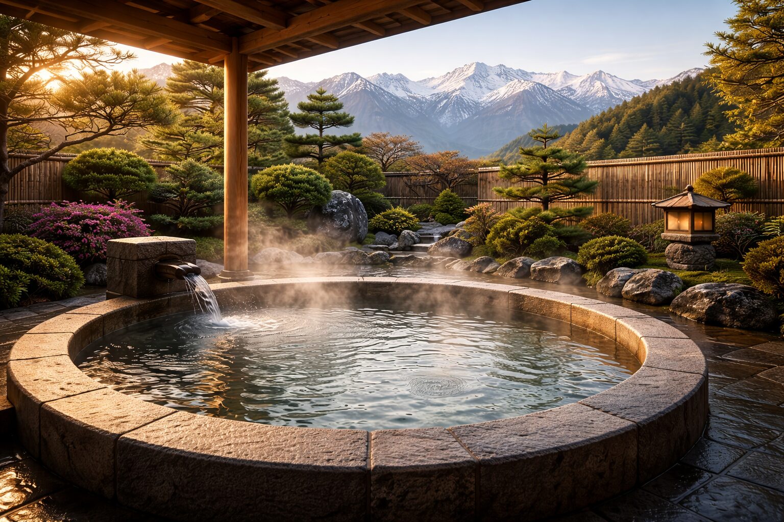 Outdoor onsen hot spring bath with steam rising surrounded by Japanese garden and snow-capped mountains