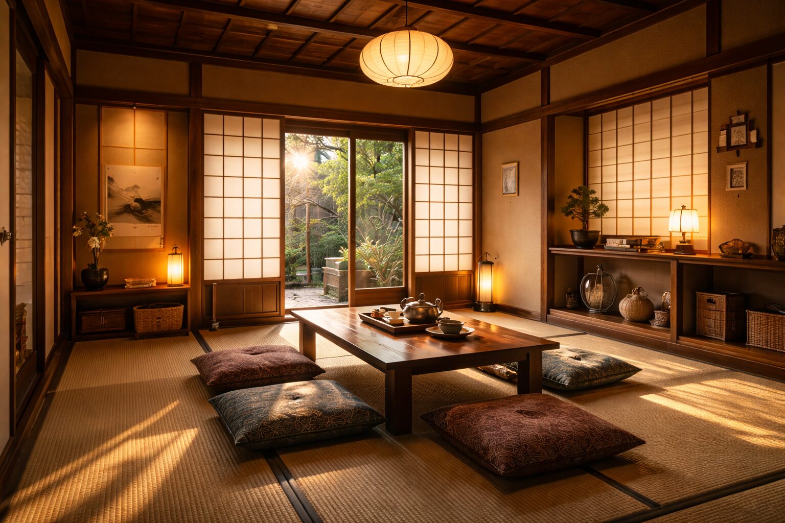 Cozy Japanese ryokan room with tatami floor, floor cushions, paper lantern and warm evening lighting