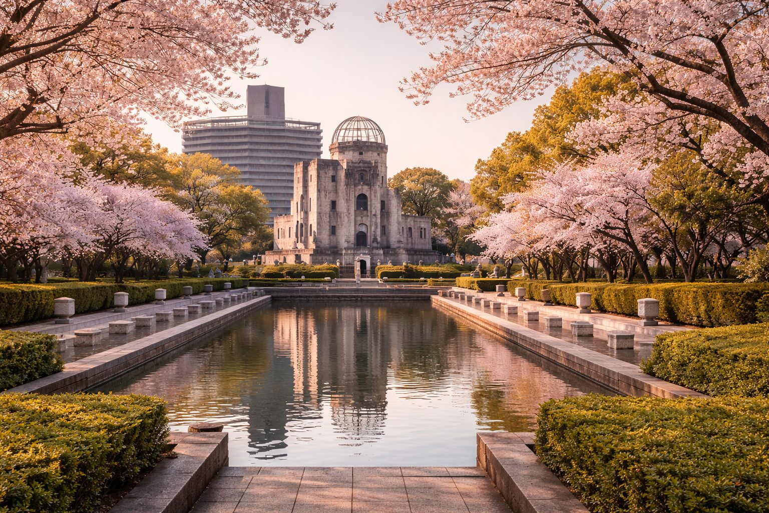 Hiroshima Peace Memorial Park with the Atomic Bomb Dome reflected in calm water, framed by blooming cherry blossom trees at dusk