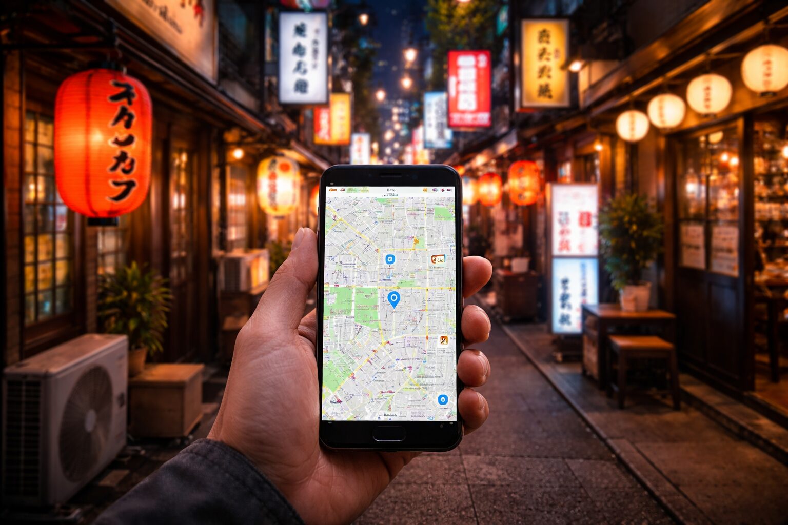 Hand holding smartphone with map app open on a vibrant Japanese alley at night with red lanterns