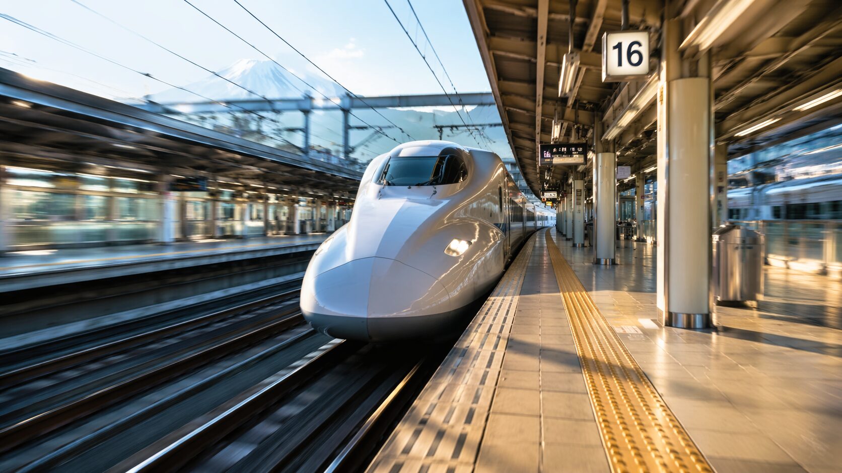 Shinkansen bullet train speeding through a station platform with Mount Fuji visible in the background