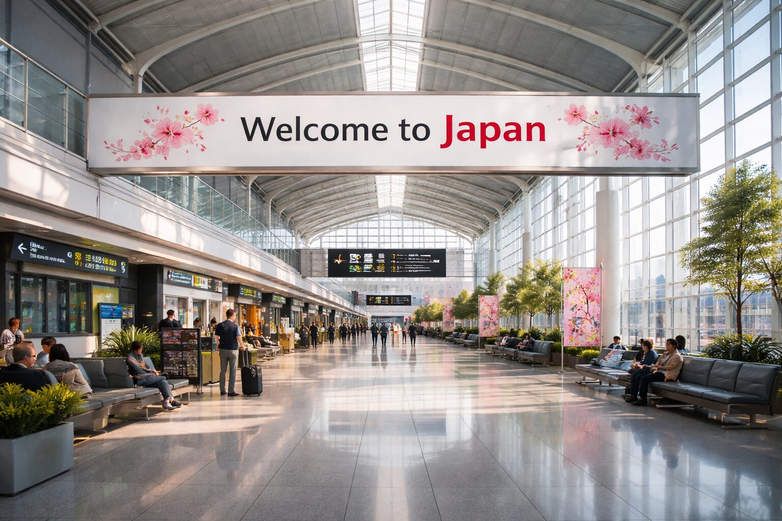 Bright airport terminal hall with Welcome to Japan banner decorated with cherry blossoms and travelers