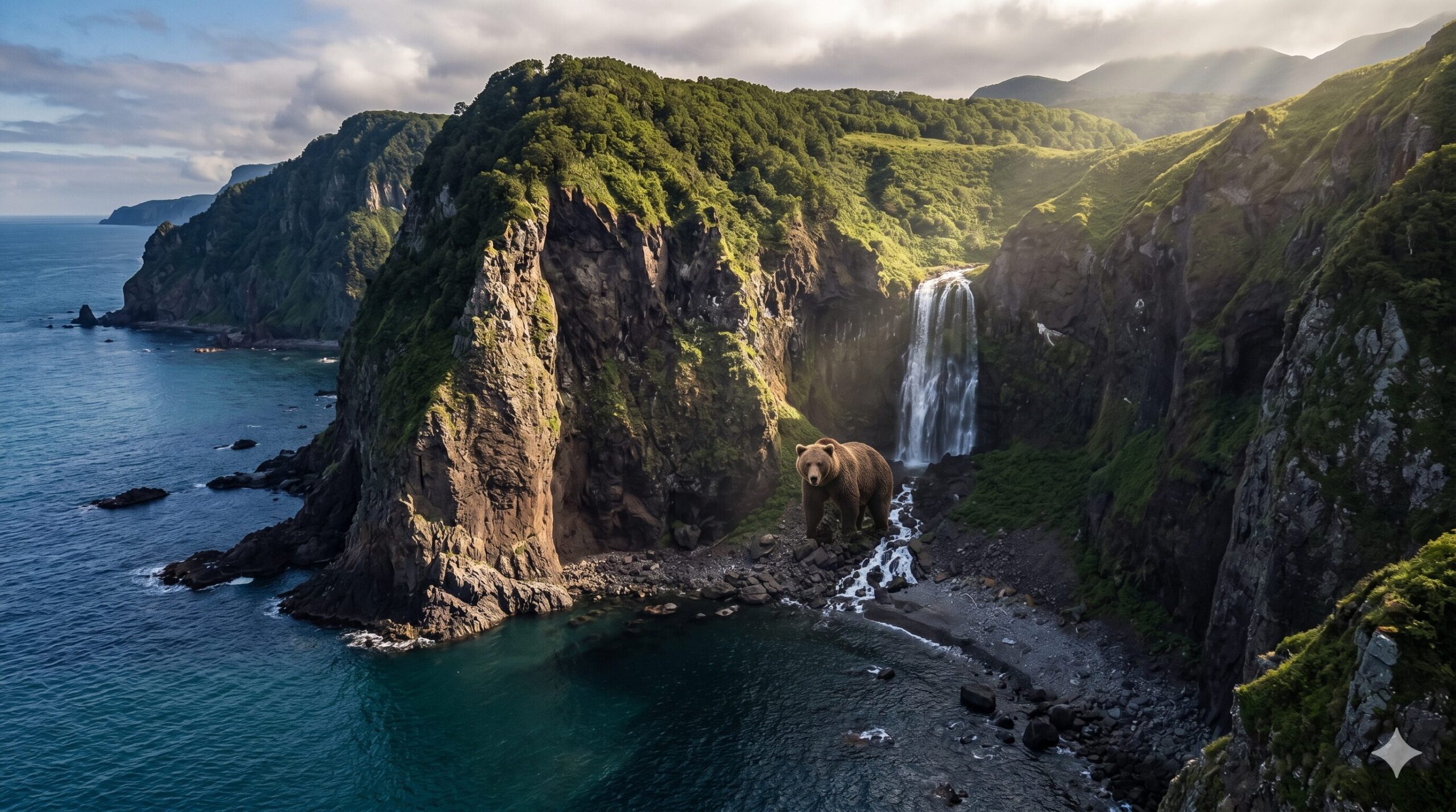 Aerial view of a brown bear near a waterfall cascading down steep green coastal cliffs in Hokkaido Japan