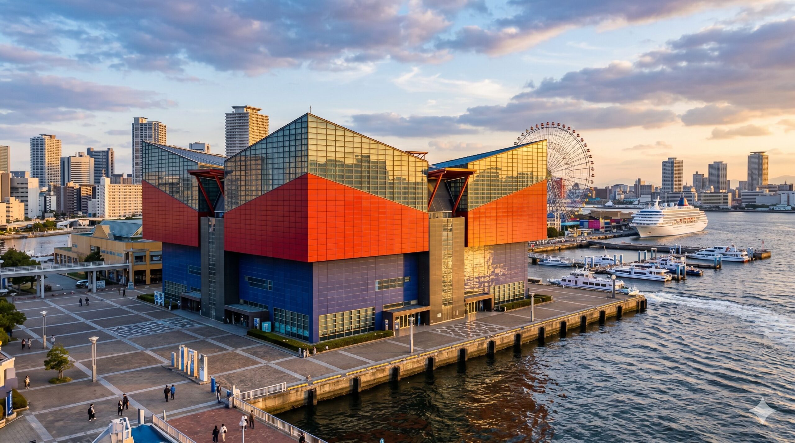 Aerial view of Osaka Aquarium Kaiyukan colorful waterfront building at sunset with Ferris wheel