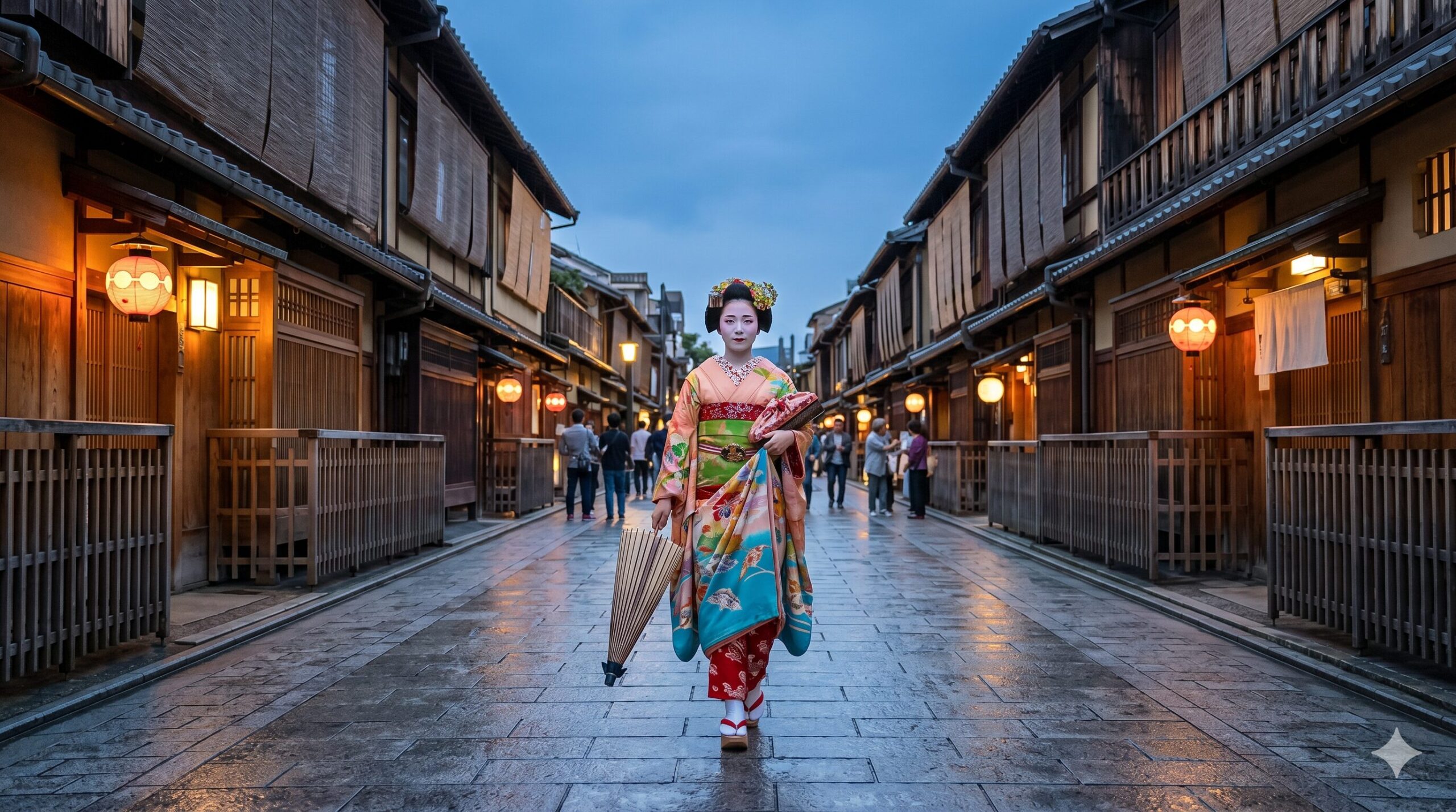 Maiko in colorful kimono holding umbrella walking through lantern-lit Hanamikoji Street in Kyoto Gion district