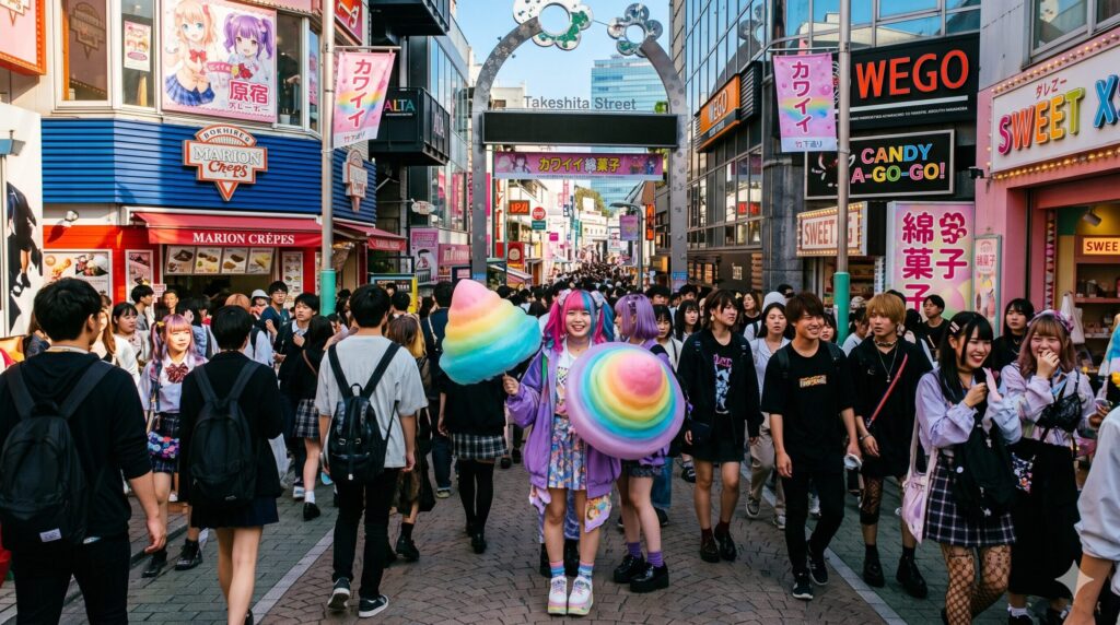 Lively Takeshita Street in Harajuku Tokyo crowded with fashionable youth and street food vendors