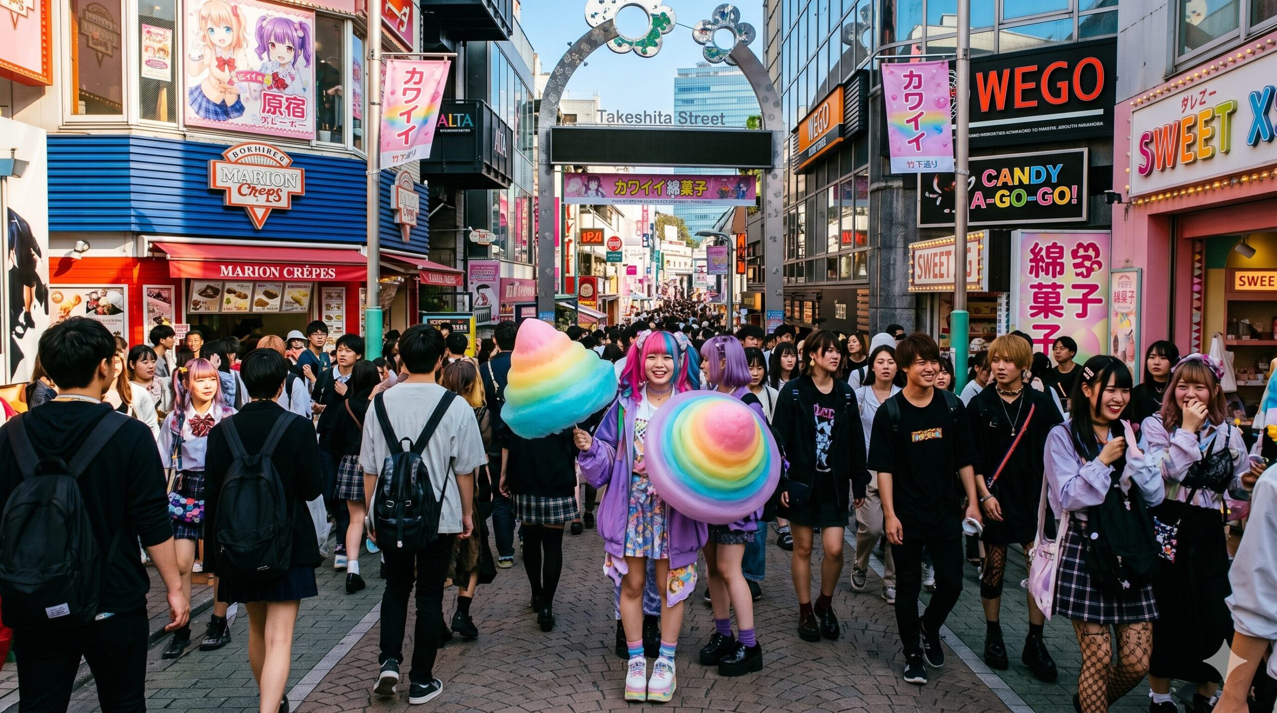 Lively Takeshita Street in Harajuku Tokyo crowded with fashionable youth and street food vendors