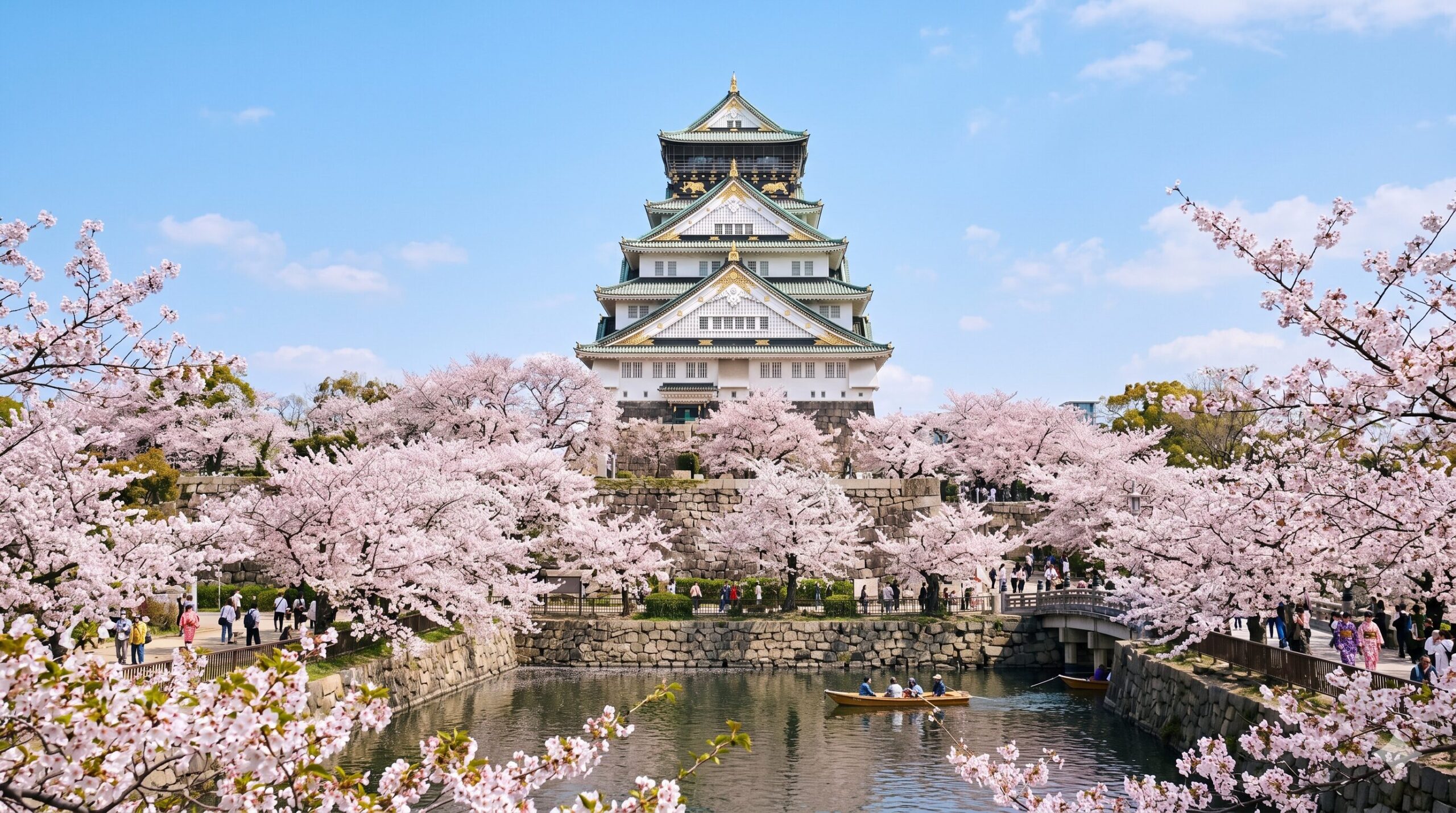 Osaka Castle framed by full cherry blossoms with visitors and boats on the moat in spring