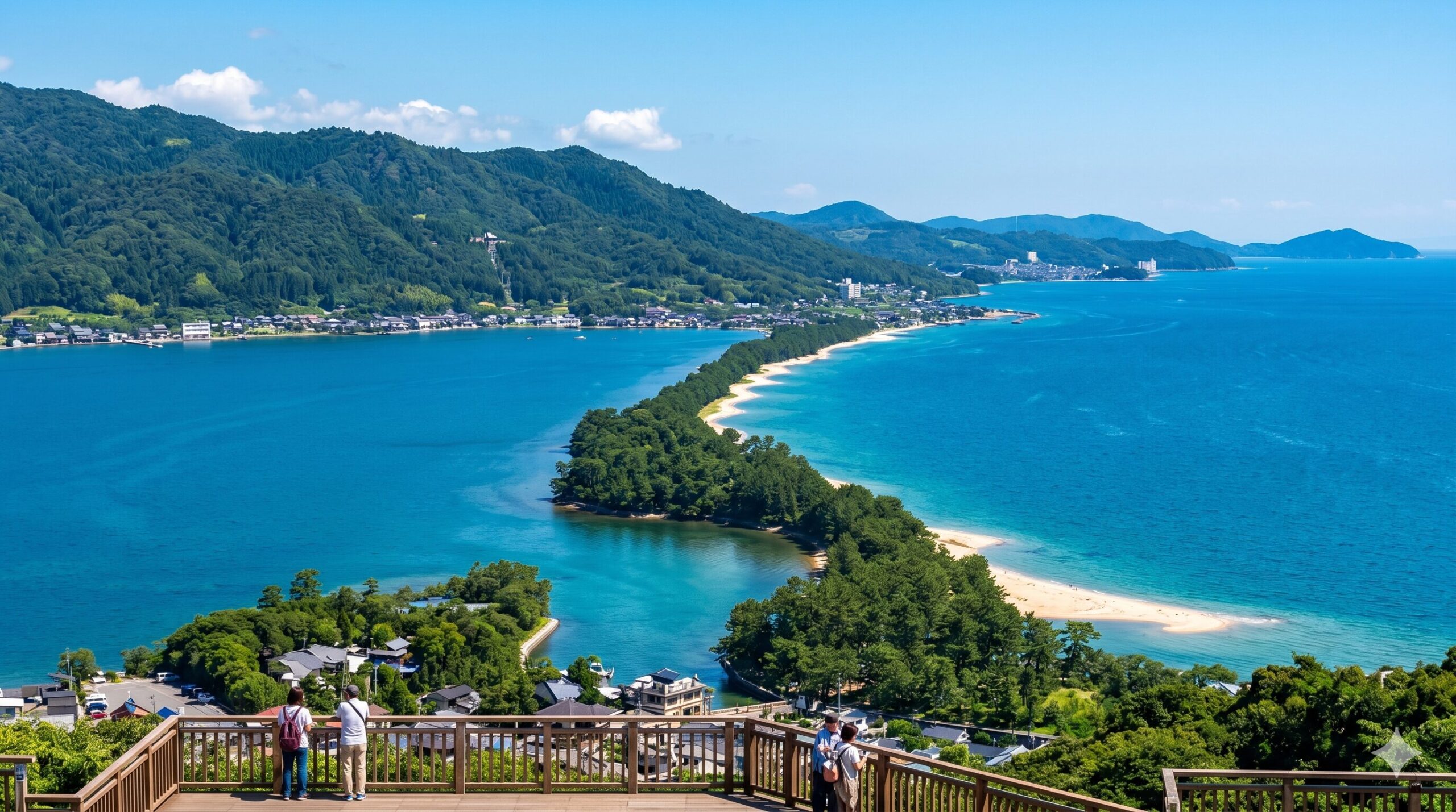 Panoramic elevated view of Amanohashidate pine-covered sandbar stretching across Miyazu Bay in Kyoto
