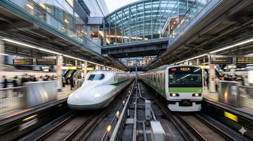 Shinkansen bullet train and Yamanote line JR train arriving at a Tokyo station platform side by side