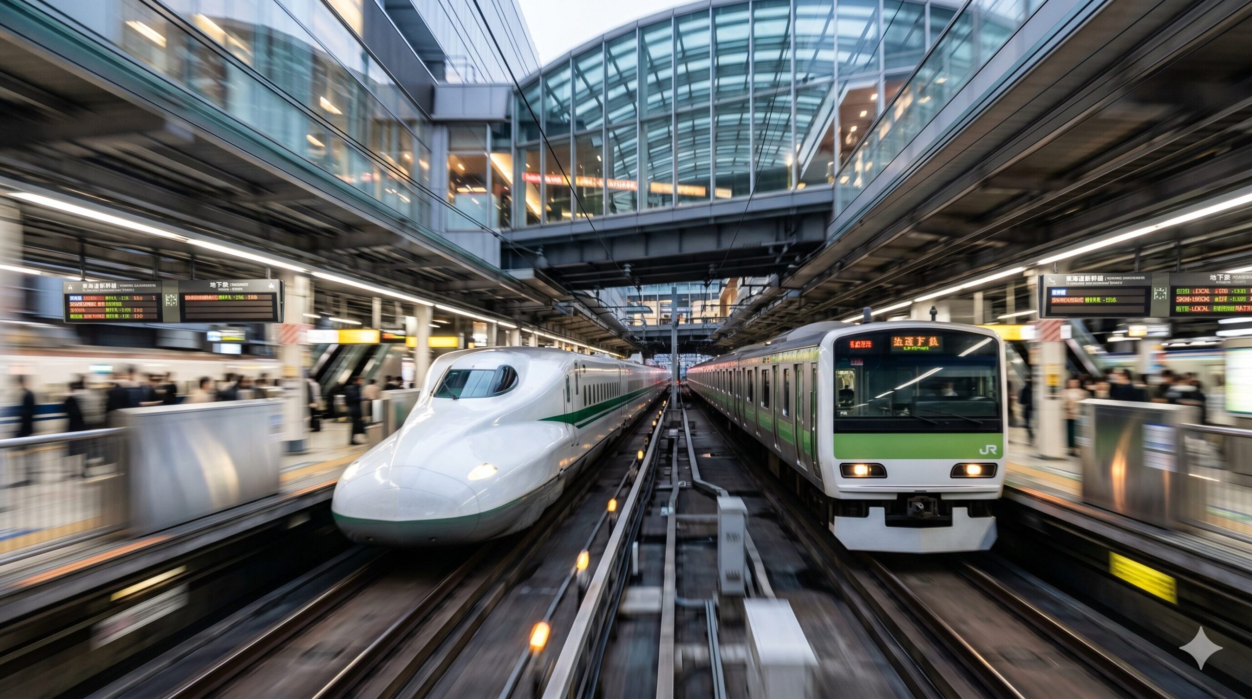 Shinkansen bullet train and Yamanote line JR train arriving at a Tokyo station platform side by side