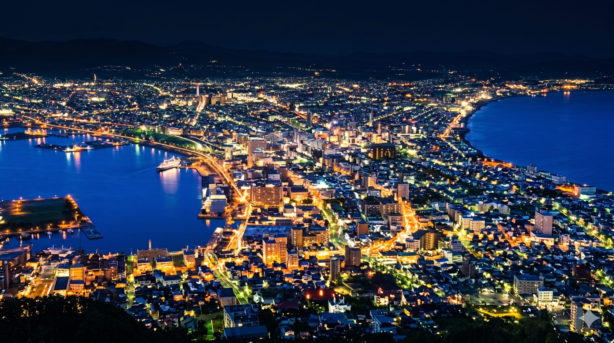 Panoramic night view of Hakodate city from Mount Hakodate showing glittering city lights between two bays in Hokkaido