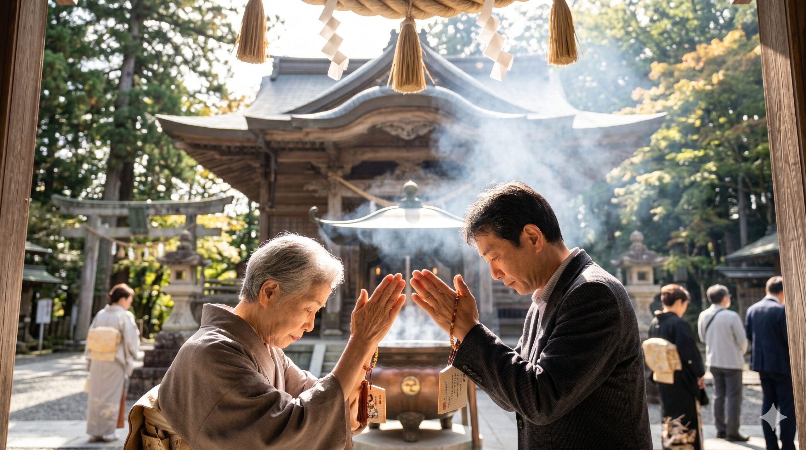 Two people praying with hands together at a Japanese Shinto shrine with incense smoke and torii gate