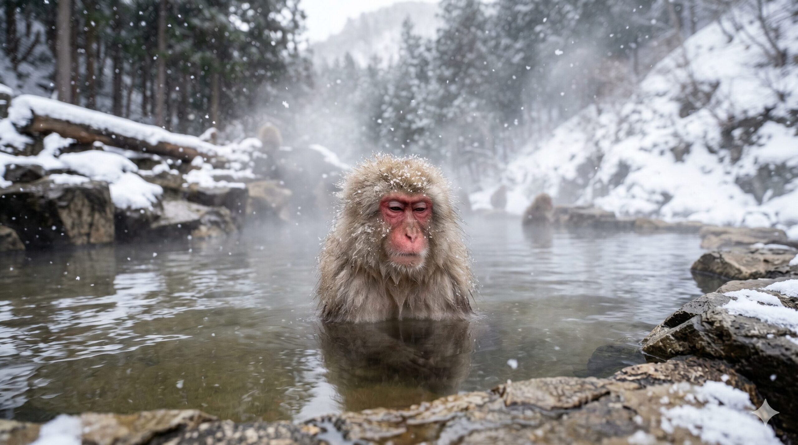 Snow monkey with red face relaxing in a natural hot spring onsen surrounded by snowy forest in Nagano Japan