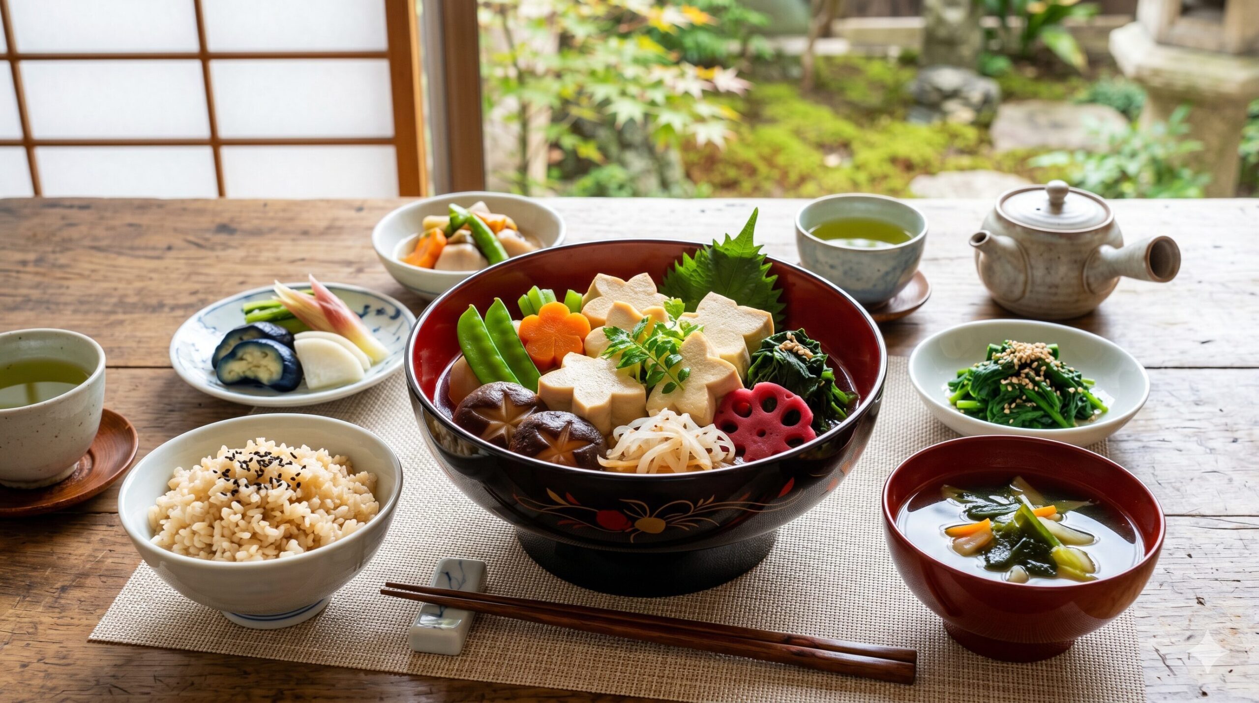 Traditional Japanese shojin ryori vegetarian meal with colorful vegetables and brown rice by garden window