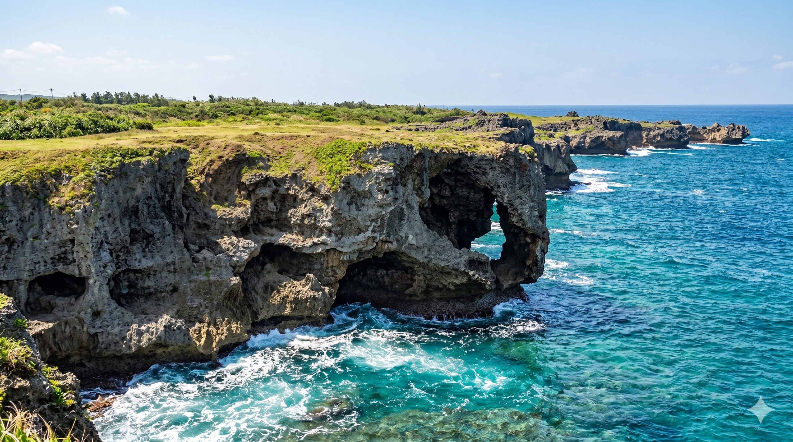 Rocky limestone sea arch and dramatic cliffs at Cape Manzamo on Okinawa turquoise coastline