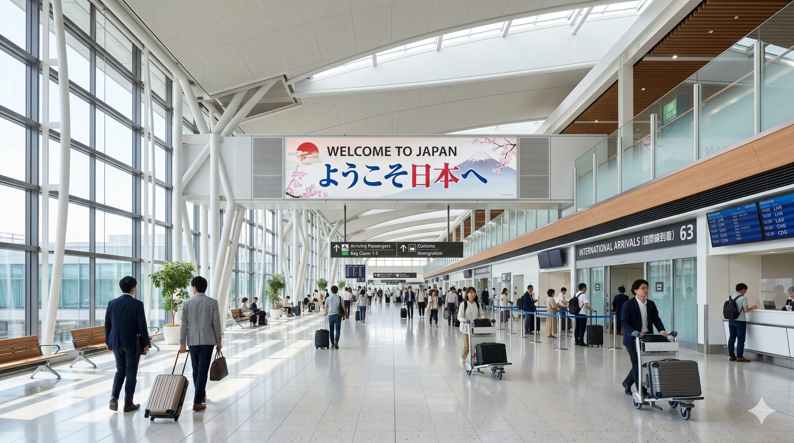 Modern airport international arrivals hall with Welcome to Japan sign and travelers with luggage