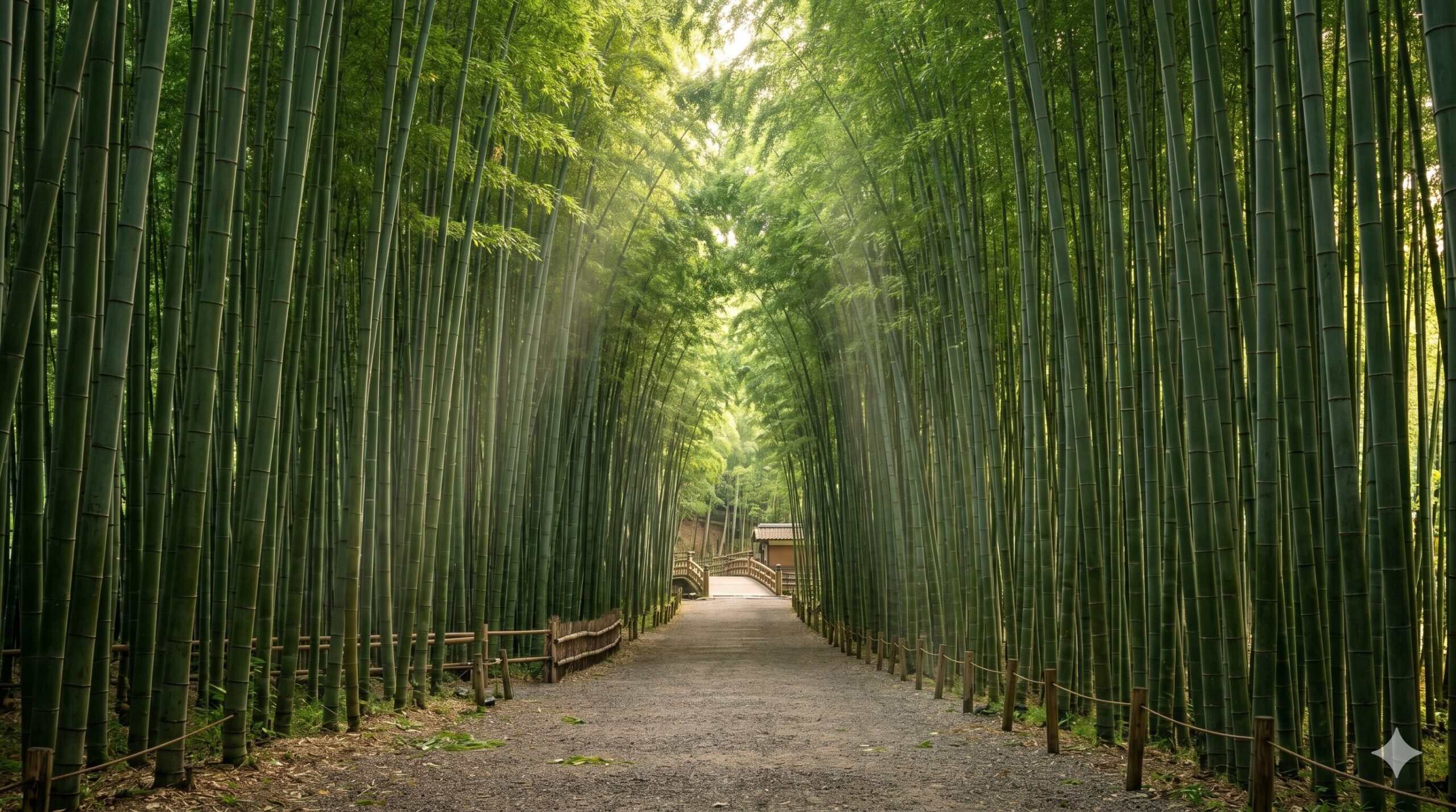 Serene bamboo forest pathway with tall green stalks and dappled sunlight in Arashiyama Kyoto Japan