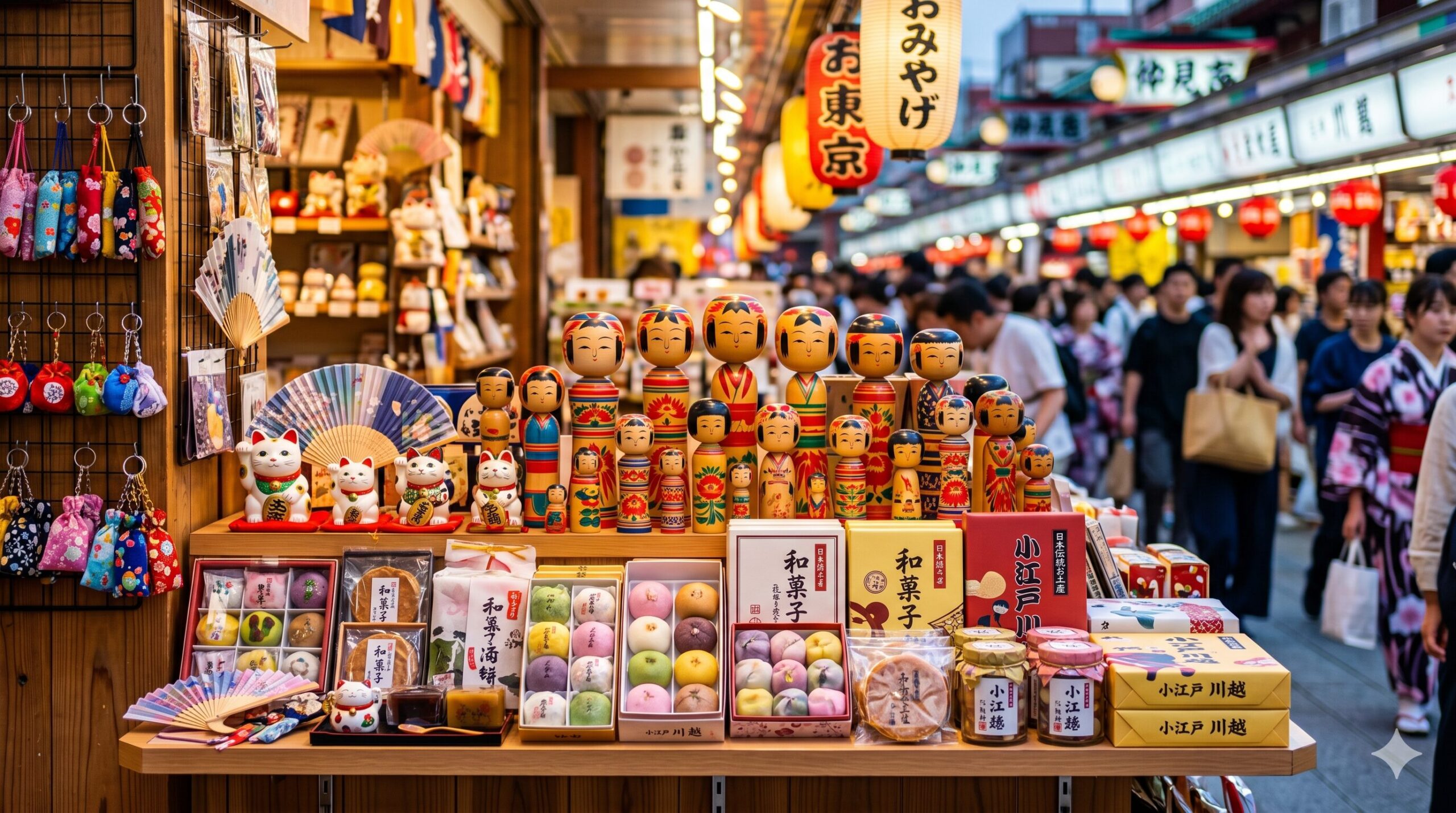 Nakamise shopping street stall selling kokeshi dolls, fans and Japanese sweets at a bustling market