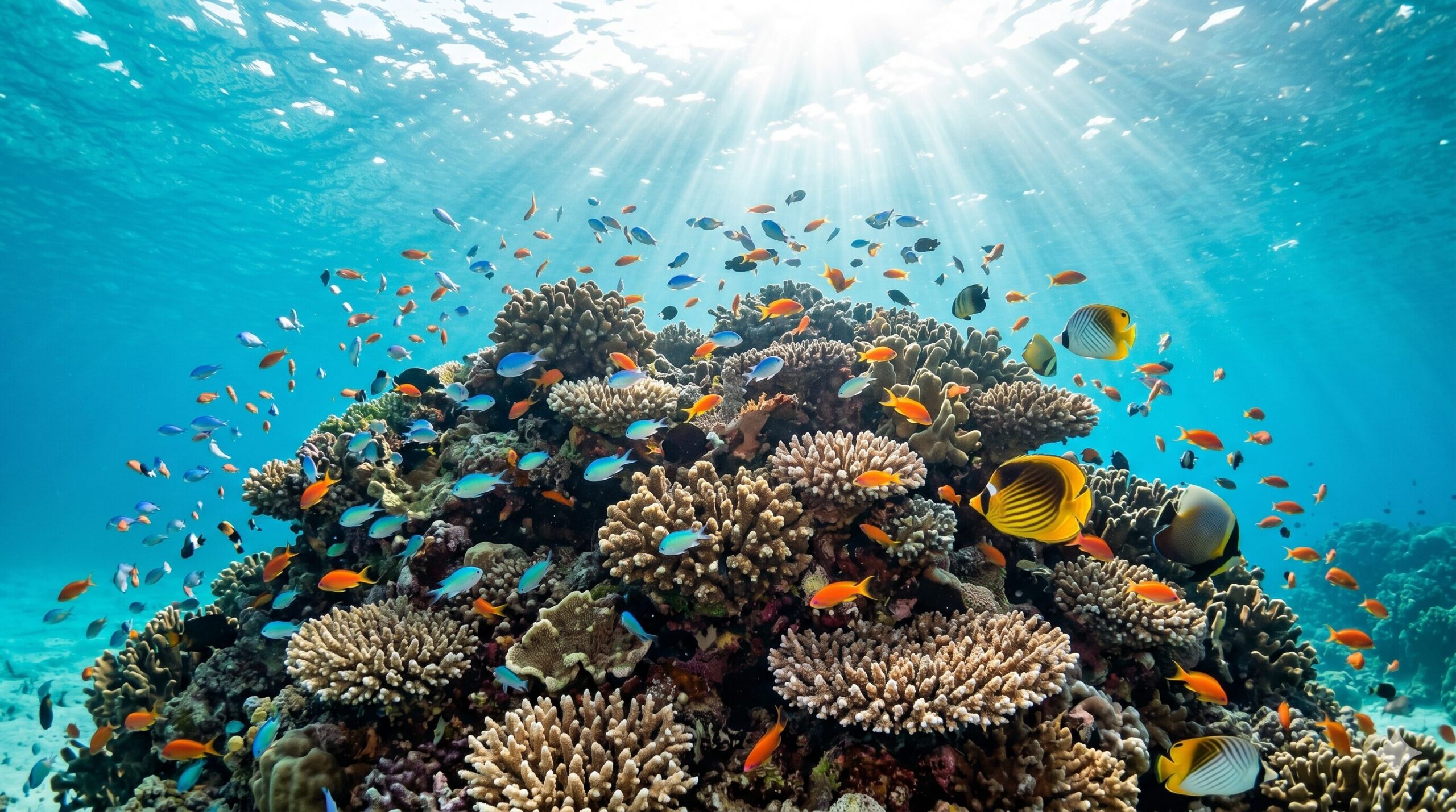 Vibrant coral reef teeming with tropical fish and colorful sea life underwater in Japan