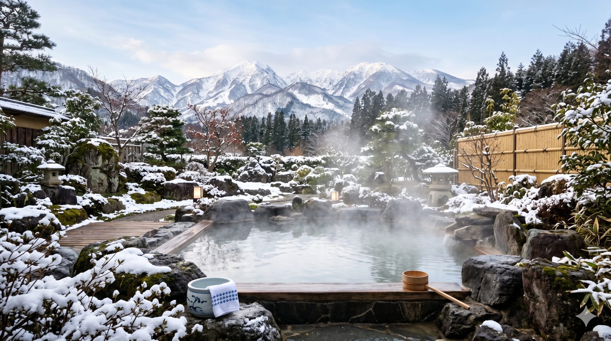 Steaming outdoor onsen hot spring surrounded by snow-covered mountains and garden in winter