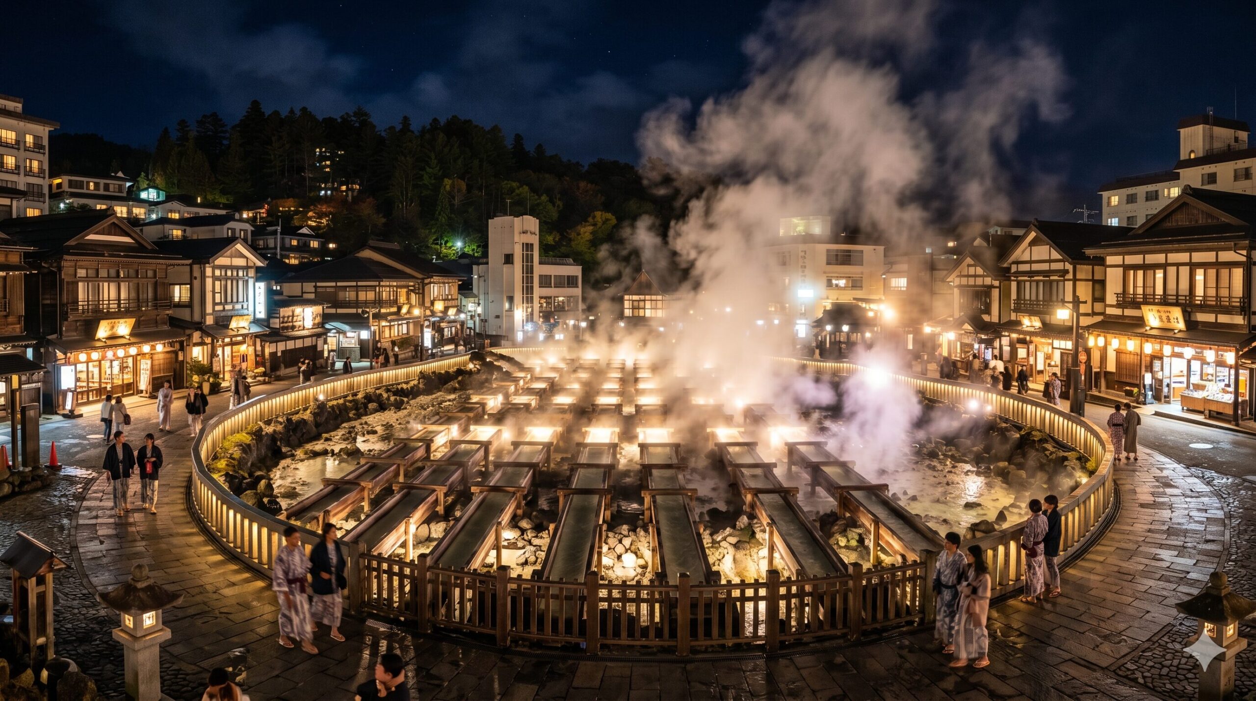 Night panorama of Kusatsu Onsen Yubatake hot spring field with steam rising and illuminated ryokan buildings