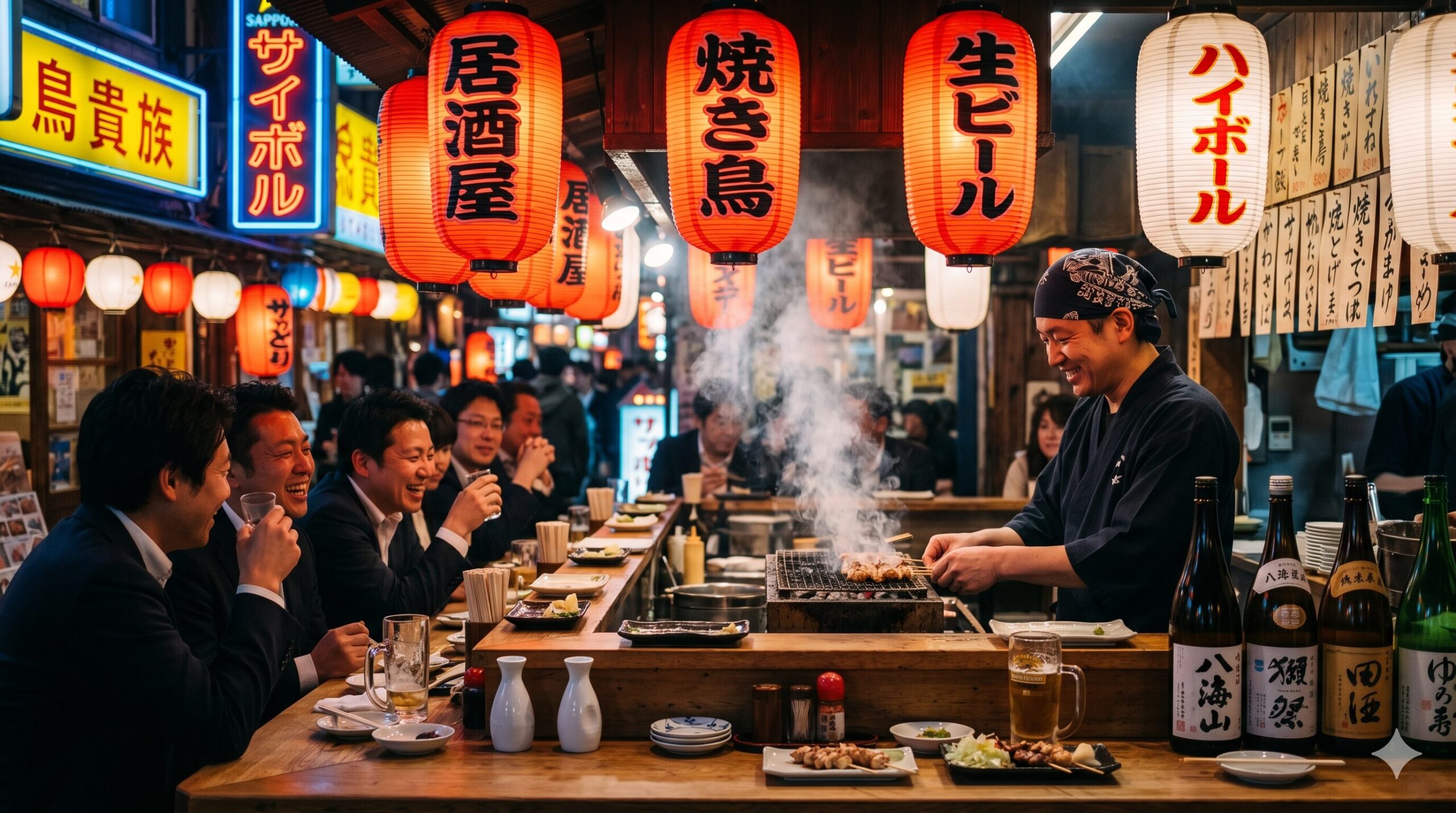 Chef grilling yakitori skewers at a lively izakaya restaurant with red lanterns and sake bottles