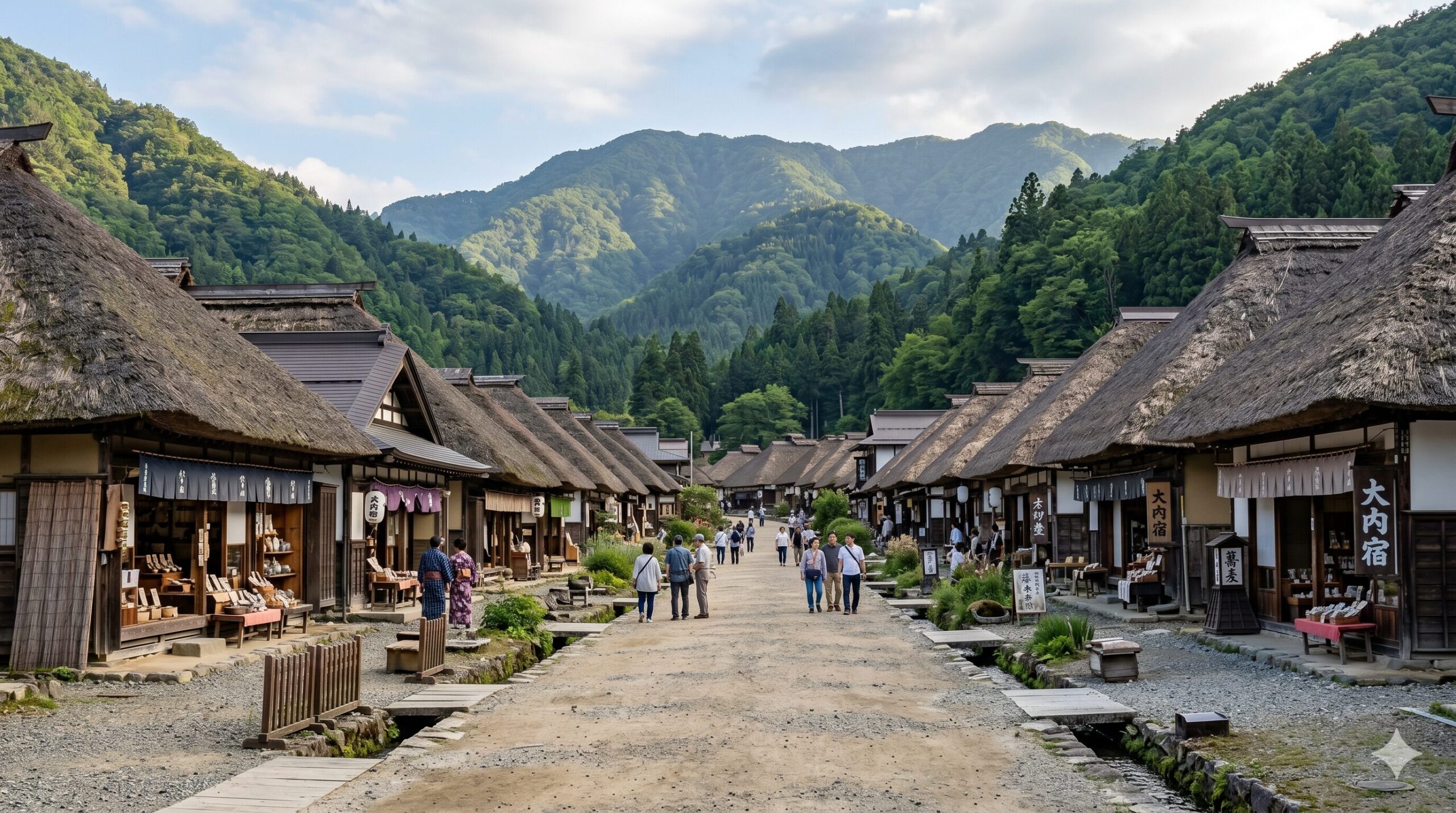 Historic Ouchi-juku post town with thatched-roof buildings lining a stone path visitors strolling green mountains behind