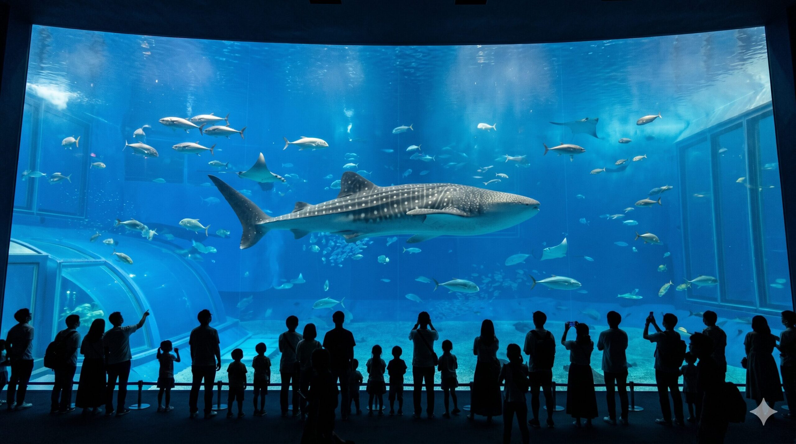 Visitors silhouetted in front of massive aquarium tank featuring a whale shark at Okinawa Churaumi Aquarium