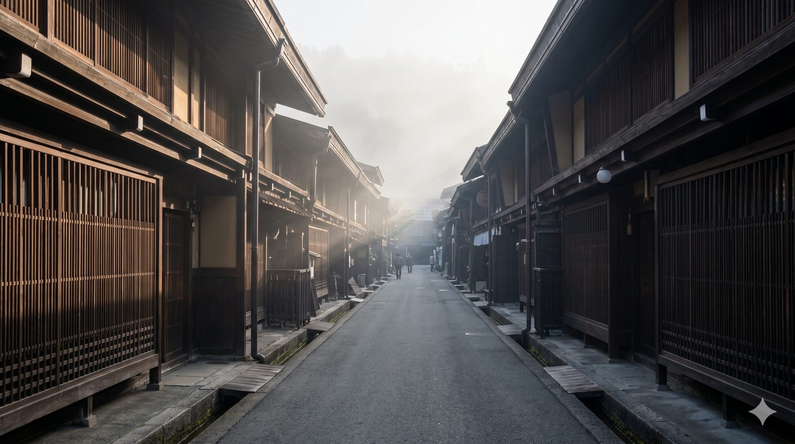 Quiet misty early morning street lined with traditional dark wooden merchant houses in Takayama old town Japan