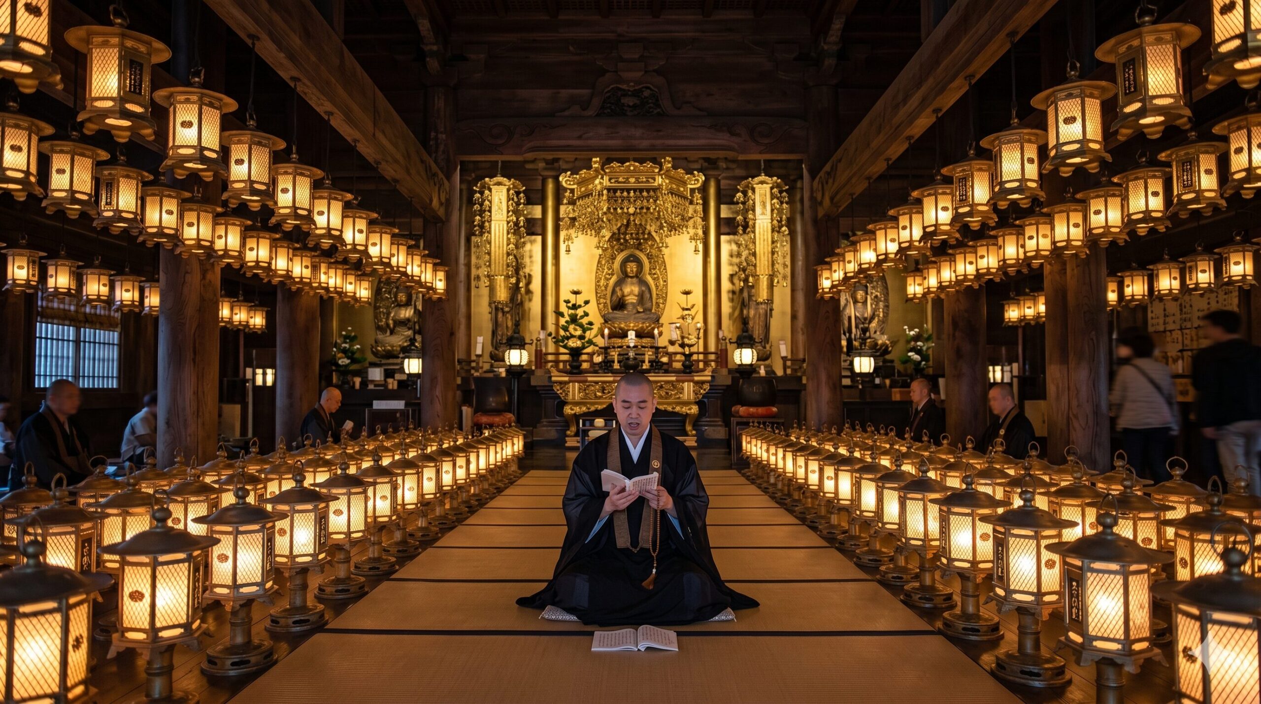 Japanese monk reading sutras surrounded by rows of glowing lanterns inside an ornate Buddhist temple hall