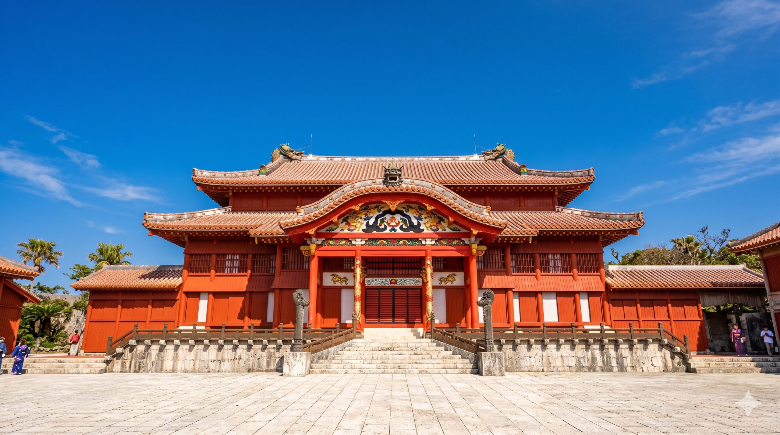 Shuri Castle main hall with vibrant red facade and traditional Ryukyuan architecture in Okinawa