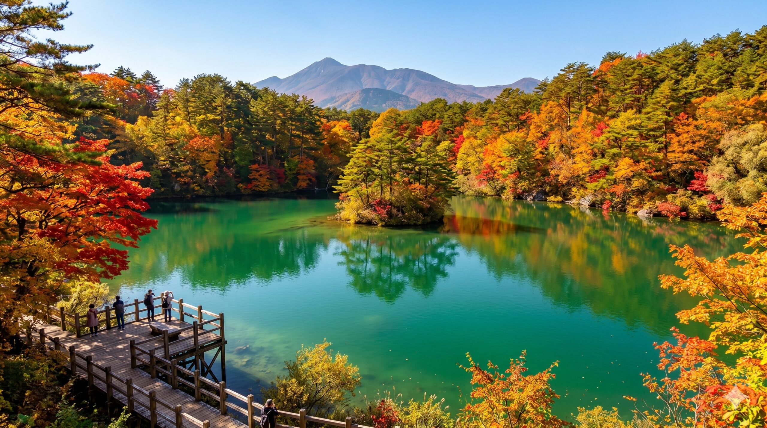 Emerald green lake at Goshikinuma Five Color Ponds Fukushima surrounded by vibrant autumn foliage and mountain backdrop